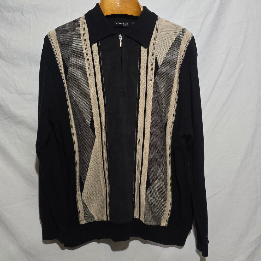 Marcello Made in Italy 1/4 Zip LS Woven Polo Black Beige - Sz L*